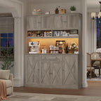 HIFIT 72.8” Tall Kitchen Pantry Cabinet with LED & Charging Station, 55” Wide Farmhouse Pantry Cabinet with Microwave Stand&Shelves&Swing-Out Door, Kitchen Hutch Coffee Bar for Living Room, Grey