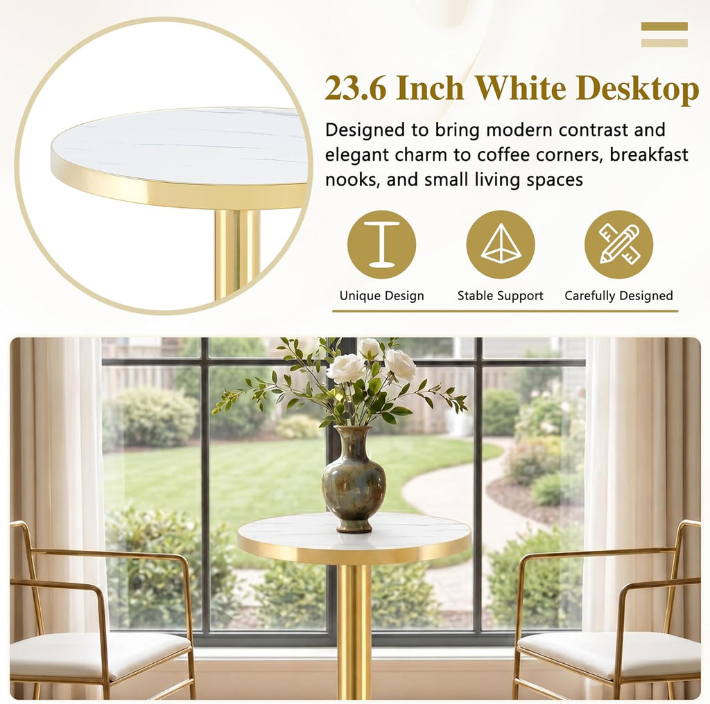 TesNus 23.6" Small Round Dining Table for 2, Circle Tulip Table, Faux Marble Top with Gold Metal Pedestal Base, Modern Leisure Coffee Table for Small Spaces, Cafe, Office, White&Gold