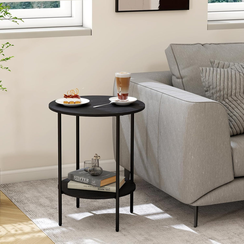 Side Table,Round End Table with 2 Storage Shelves| Compact Side Tables for Living Room, Couch, Office & Bedroom | Narrow Accent Table as Space-Saving Small Bedside Table 18x18x22in(Black)