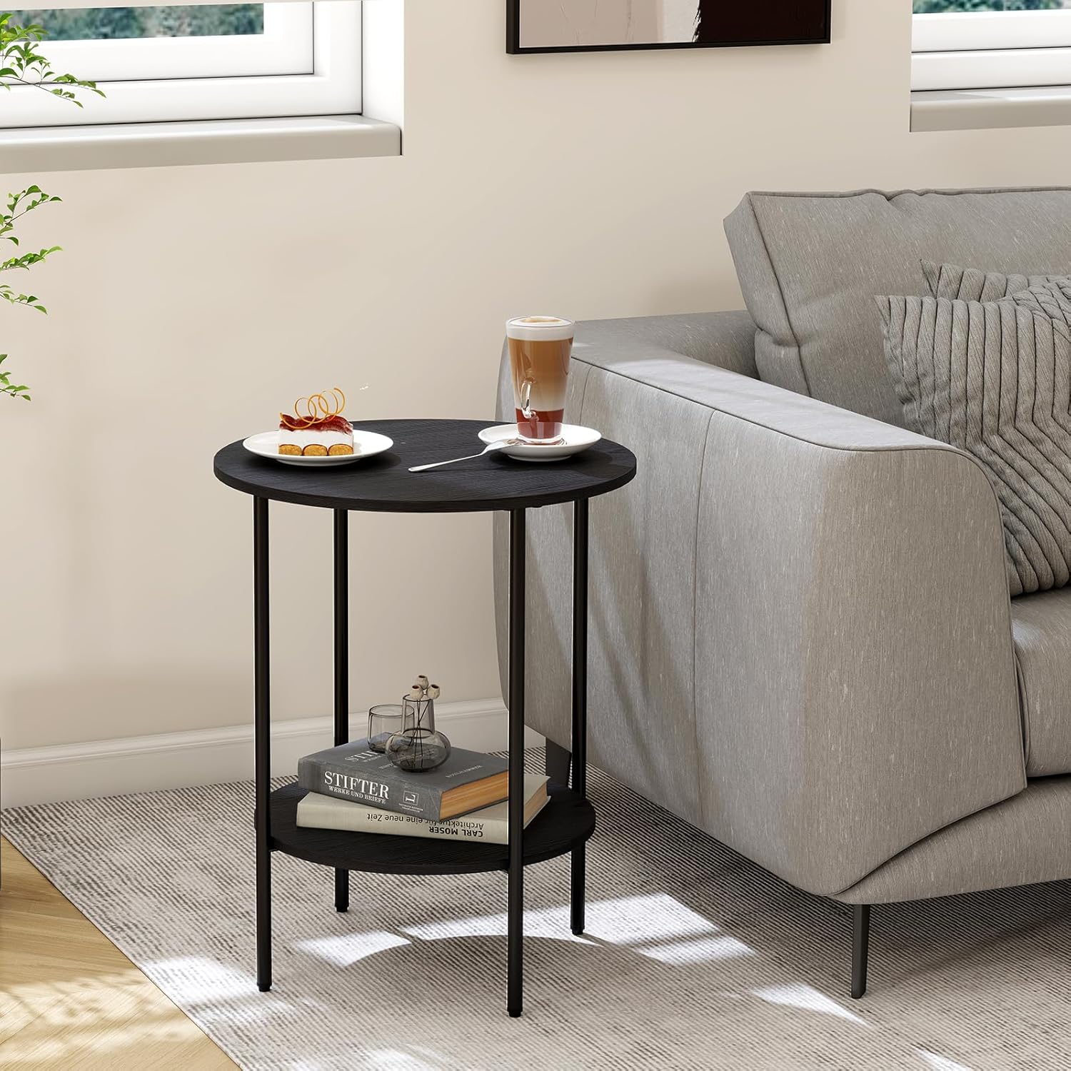 Side Table,Round End Table with 2 Storage Shelves| Compact Side Tables for Living Room, Couch, Office & Bedroom | Narrow Accent Table as Space-Saving Small Bedside Table 18x18x22in(Black)