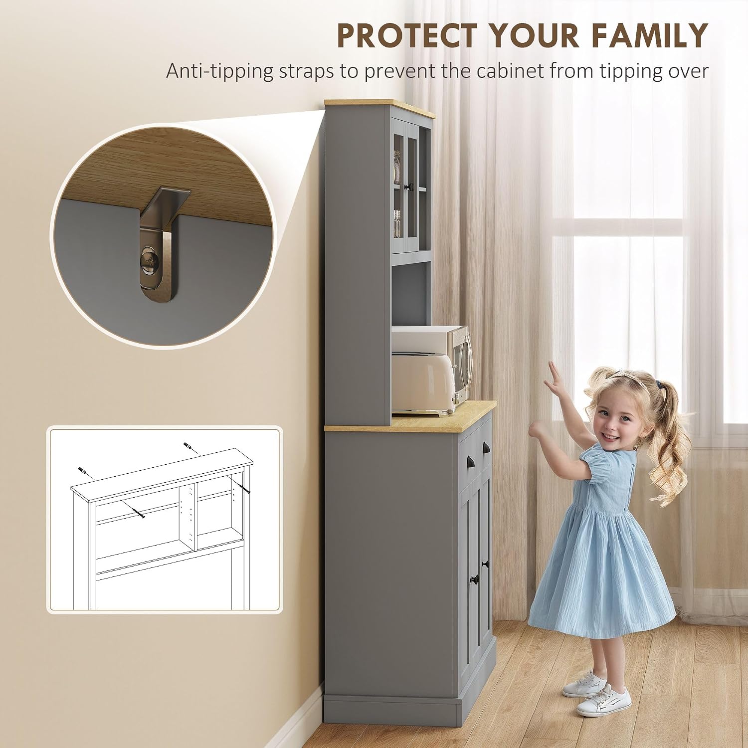 71-inch Modern freestanding Pantry Cabinet, Four Adjustable Shelves at Three Heights, Wide Counter Cable Hole, Gray Yellow Oak