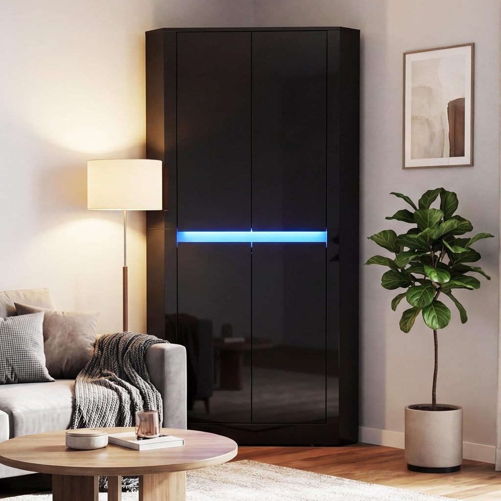 Anbuy 67'' Tall Pantry Cabinet with Led Light, Corner Pantry Cabinet with 4 High Gloss Doors and Adjustable Shelves, Space Saving Storage Cabinet for Food Hutch for Kitchen, Living Dining Room(Black)