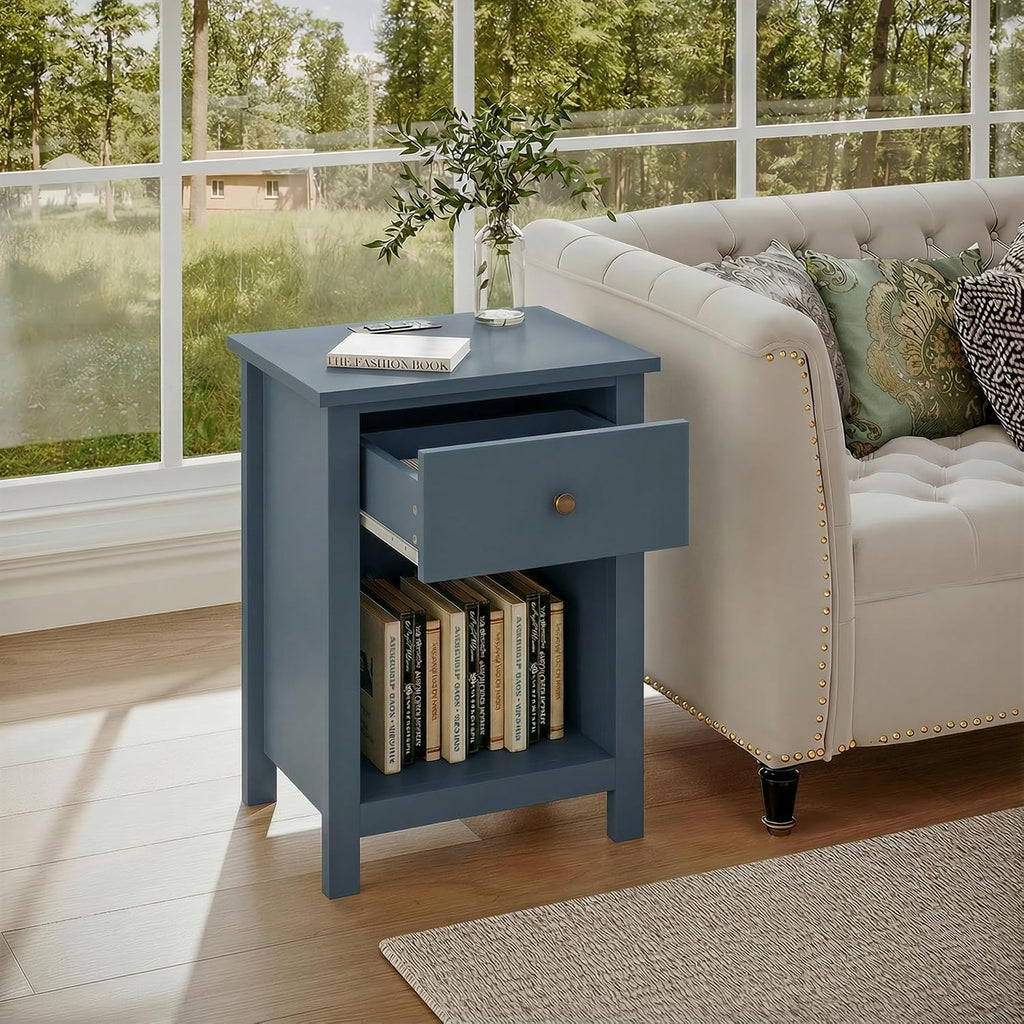 ChooChoo Farmhouse Nightstand with Charging Station Set of 2 | Wooden Top Bedside End Table with Drawer and Storage Space for Bedroom, Blue