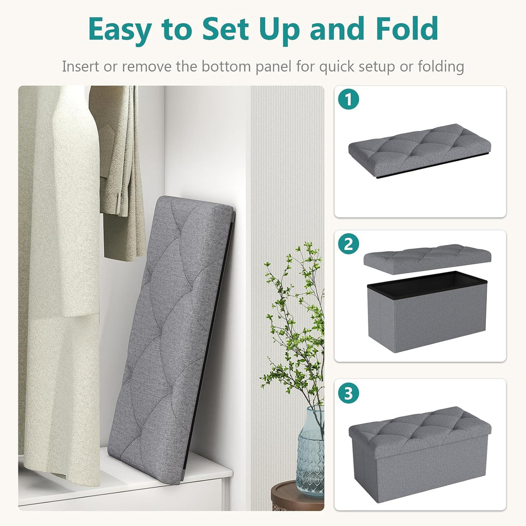 30 Inches Storage Ottoman, Folding Storage Ottoman Bench,Ottomans Foot Rest, End of Bed Bench 400LBS, Ottomans Bench Storage for Bedroom, Entryway, Living Room, Grey, 15" D x 30" W x 15" H