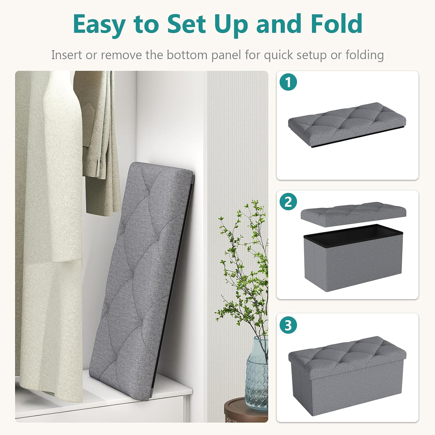 30 Inches Storage Ottoman, Folding Storage Ottoman Bench,Ottomans Foot Rest, End of Bed Bench 400LBS, Ottomans Bench Storage for Bedroom, Entryway, Living Room, Grey, 15" D x 30" W x 15" H