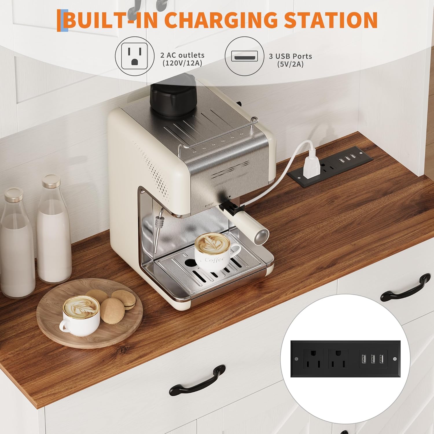 Garvee 71" Kitchen Pantry Cabinet with Charging Station, Kitchen Hutch Storage Cabinet with Large Countertop & 2 Drawers, Wood Farmhouse Food Pantry Cabinet for Dining Room, Living Room, White