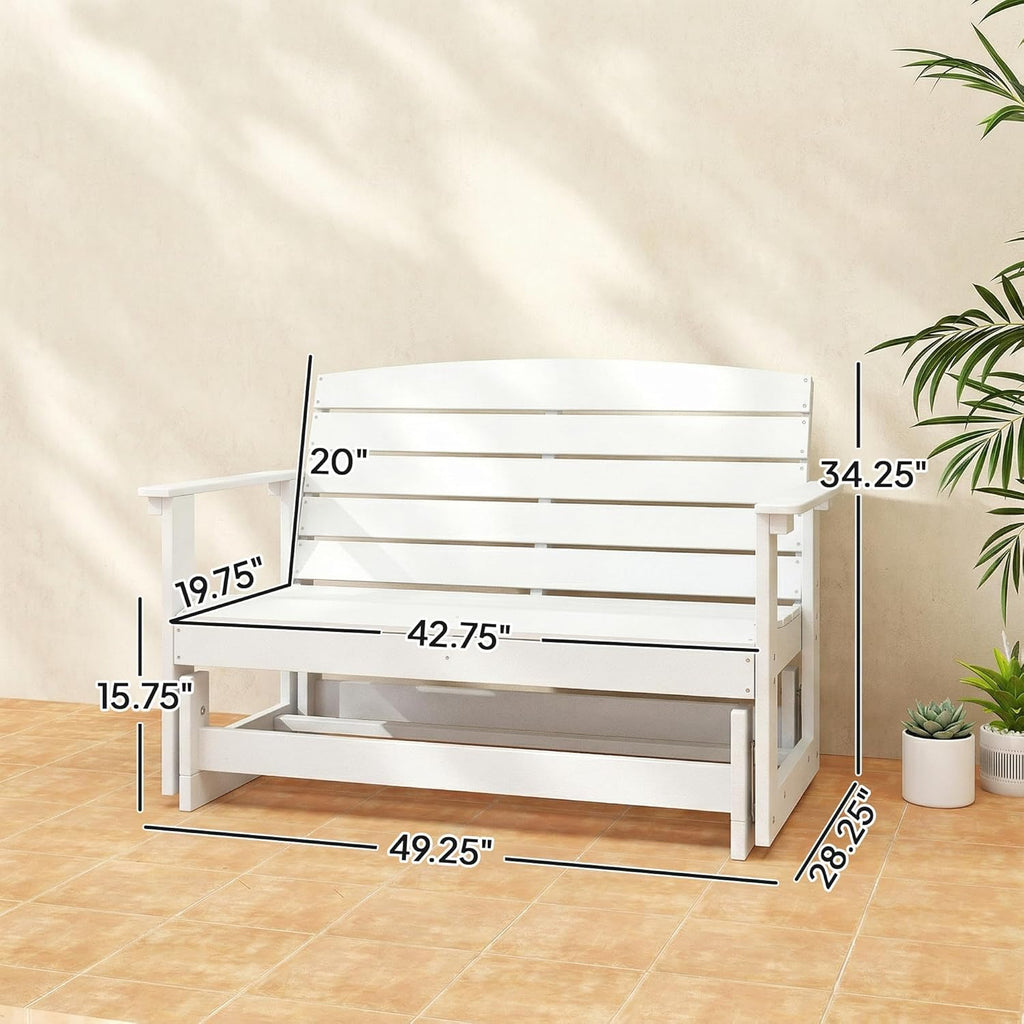 Outsunny 2-Person Outdoor Glider Bench HDPE Weather Resistant White | Patio Double Swing Glider Rocking Chair Loveseat, with Armrests, Slatted Seat and Backrest, for Backyard Garden Porch