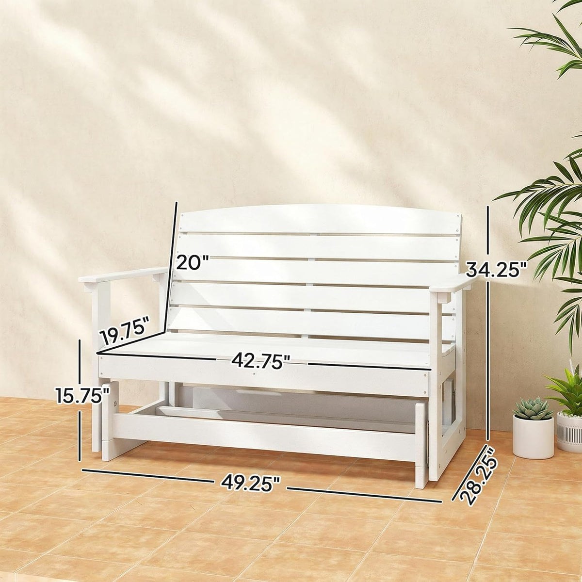 Outsunny 2-Person Outdoor Glider Bench HDPE Weather Resistant White | Patio Double Swing Glider Rocking Chair Loveseat, with Armrests, Slatted Seat and Backrest, for Backyard Garden Porch