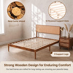 KOMFOTT Queen Size Bed Frame, Wood Platform Bed with PE Rattan Headboard