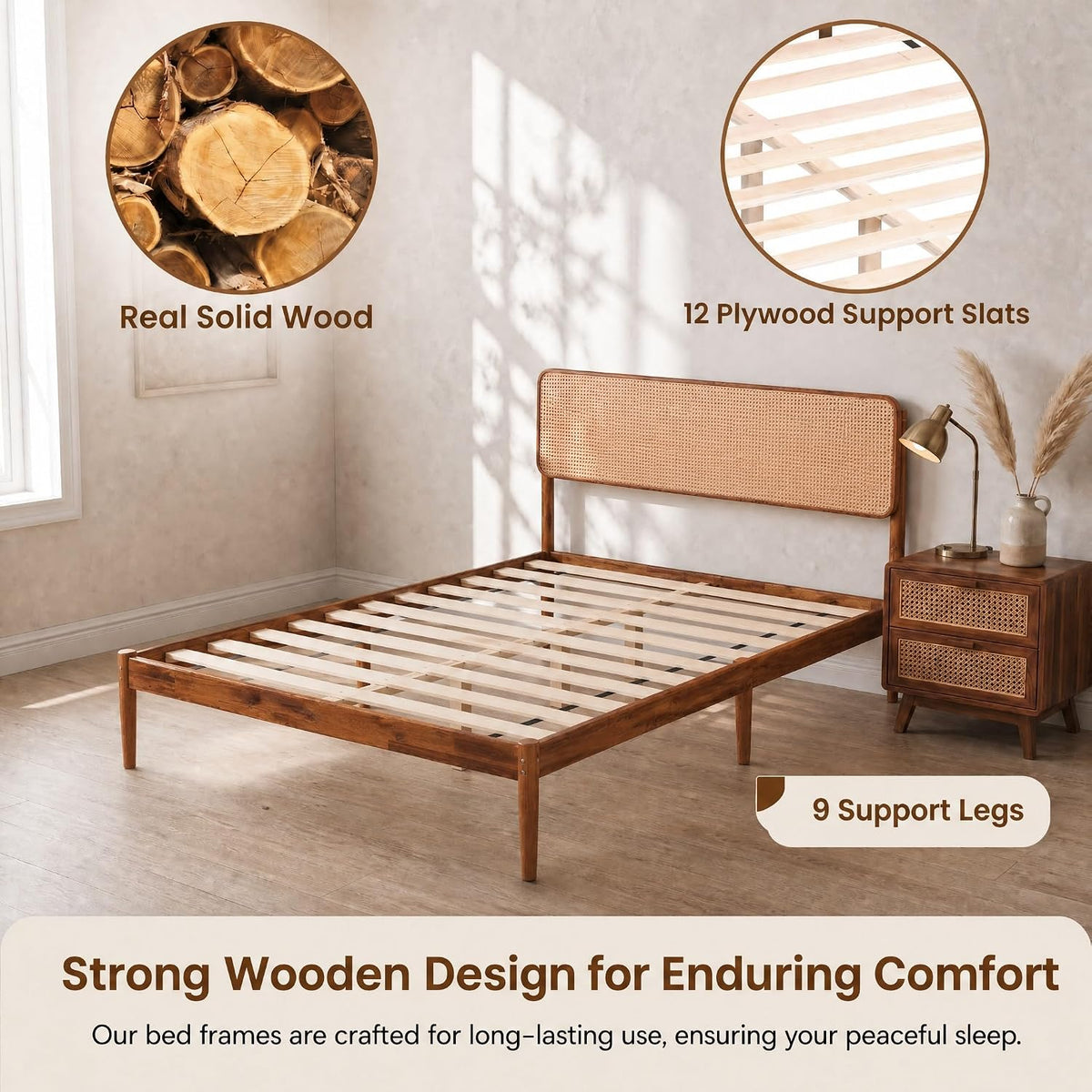 KOMFOTT Queen Size Bed Frame, Wood Platform Bed with PE Rattan Headboard