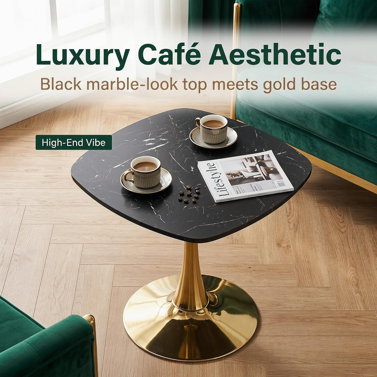 24 Inch Square Tulip Bistro Table for 2-4, Small Dining Table with Gold Metal Pedestal Base, Black Faux Marble Top Kitchen Table, Modern Square Cafe Table for Apartment Living Room Office Small Space