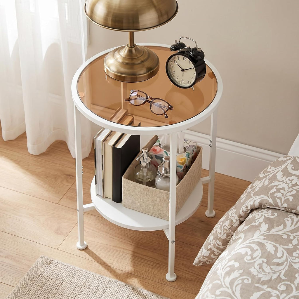 2 Tier Round Side Table with Tempered Amber Glass Top, White Metal End Table for Small Spaces, Bedroom, Living Room,Cute Retro Aesthetic Nightstand, Modern Vibe Accent Table for Plant & Decor