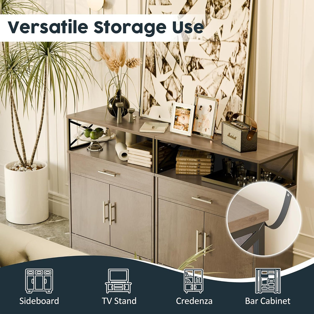 SUNLEI Kitchen Buffet Sideboard Cabinet, Storage Cabinets with 2 Doors and 1 Drawers, Open Storage & Adjustable Shelf, Farmhouse Coffee Bar Cabinet with Storages for Kitchen, Rustic Grey