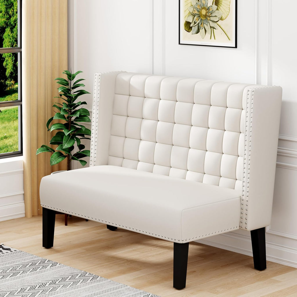 White Faux Leather Loveseat Settee, Modern Tufted Upholstered Bench with Back for Kitchen Dining Room Living Room, High Back Banquette Seating Sofa Couch with Wood Legs