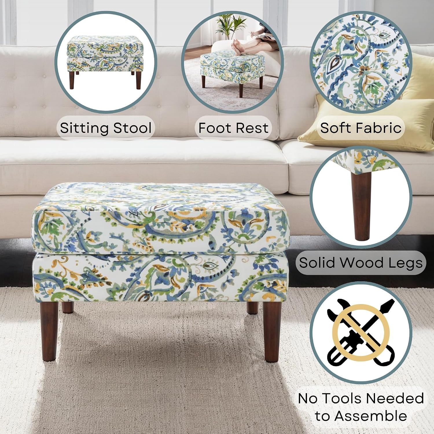 Convenience Concepts Designs4Comfort Marlow Ottoman 27" - Mid-Century Modern Upholstered Footrest & Seat for Living Room, Bedroom, Hallway, or Entryway, Paisley Fabric