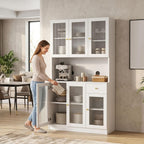 71" Kitchen Pantry Cabinet with Storage, Tall Kitchen Pantry Cabinet with Countertop Soft Close Glass Doors, Tall Kitchen Hutch Cabinet with Drawer & Adjustble Shelves for Kitchen White