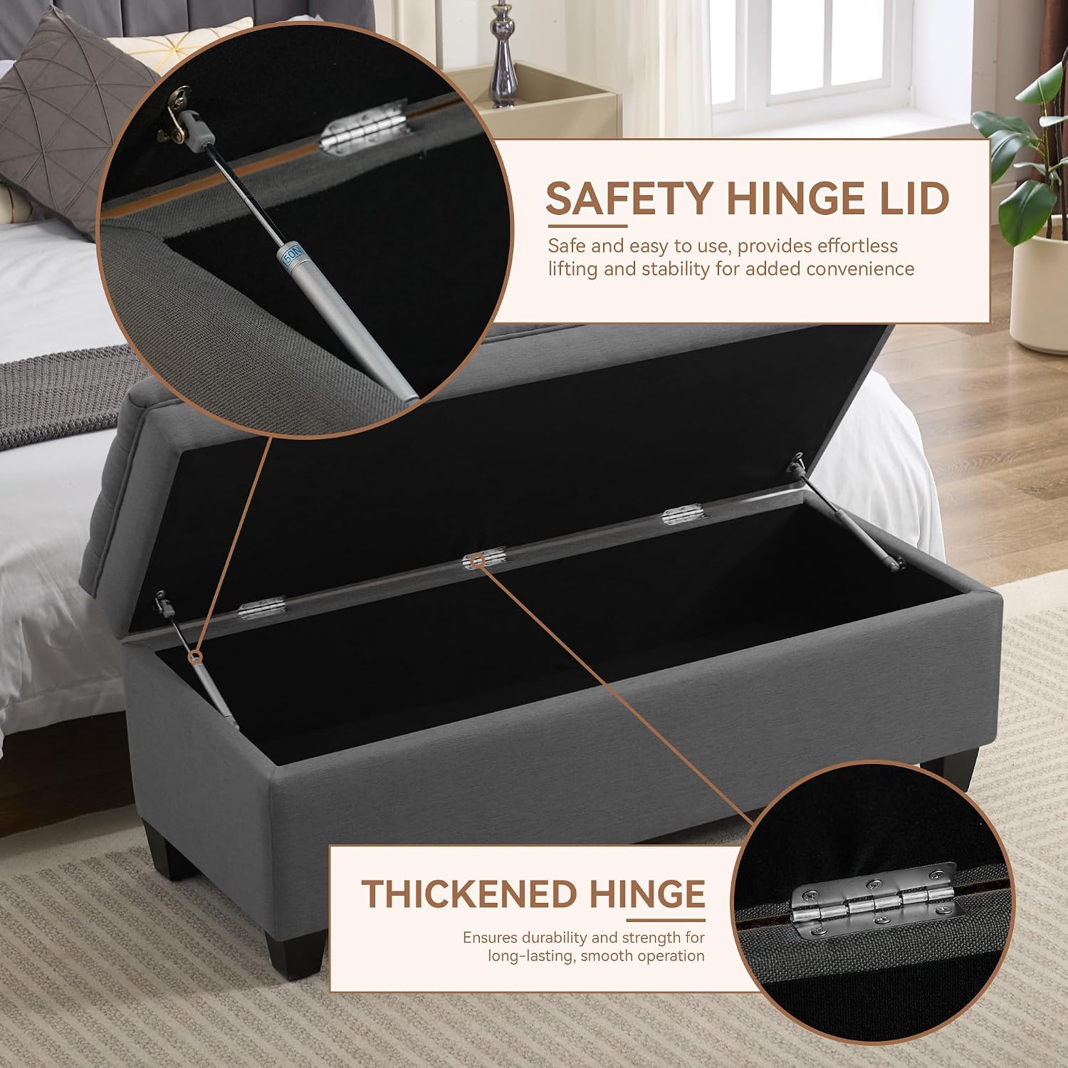 WUTUTUEE 51" Fabric Storage Ottoman Bench, Upholstered Rectangle End of Bed Storage Ottoman Tufted Living Room Bedroom Bench with Safety Hinge, Solid Wood Legs, Loads 500 lb(Dark Grey)