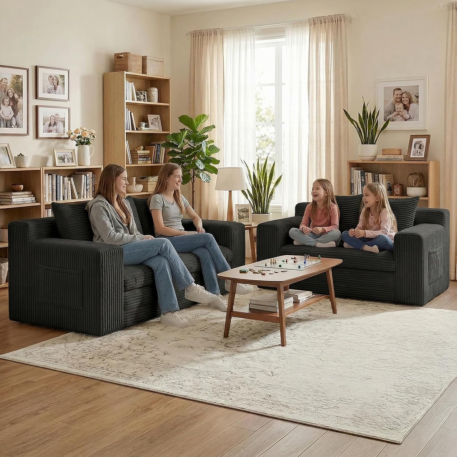 Loveseat Sofa Bed, Tri-Folding Convertible Futon Sleeper with Handle & Side Pockets, 54'' Couch with Hook and Loop No Assembly for Small Space,Living Room & Bedroom