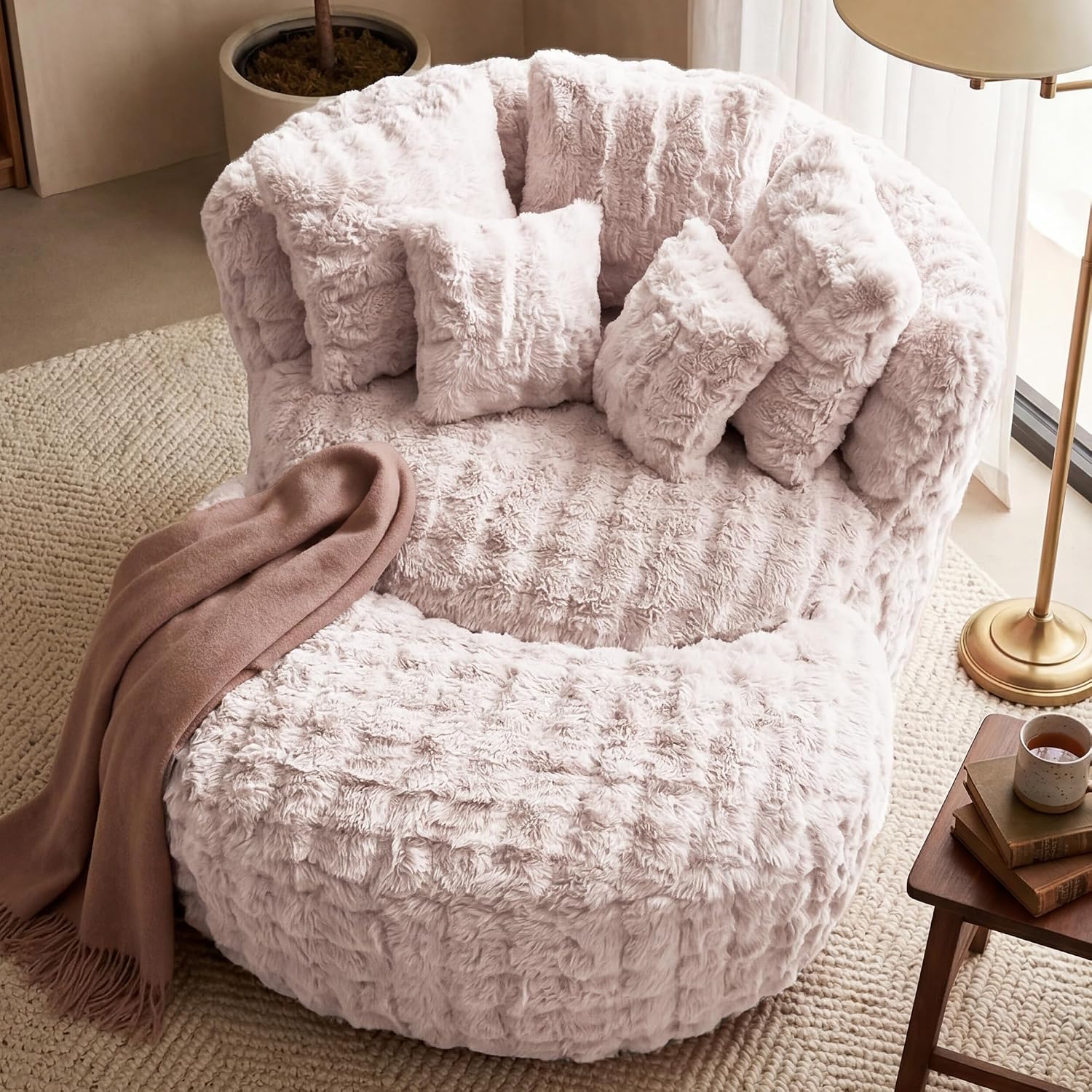 55" W x 75" D Oversized Chaise Lounge Chair Indoor with Ottoman,Pink | 38D Sponge,Round Reading Chair Luxury Plush Cloud Circle Sleeper for Living Room Bedroom, 5 Pillows,Faux Fur