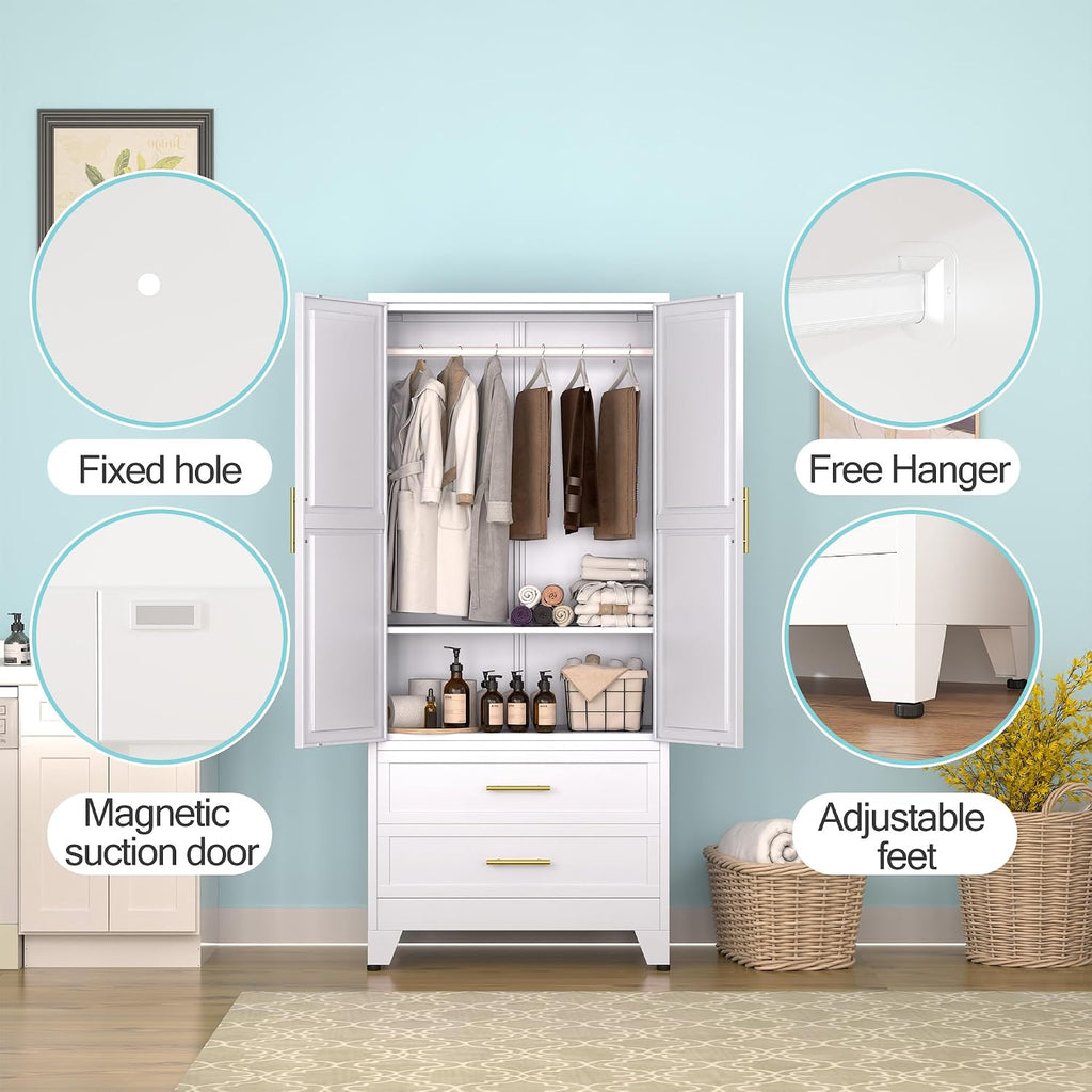 erosoei Metal Armoire Wardrobe Closet, 71 "Metal Clothing Storage Cabinet | with Adjustable Shelves and Hanging Rod, Household Steel Wardrobe Storage Cabinet with Drawers (armoire-white)