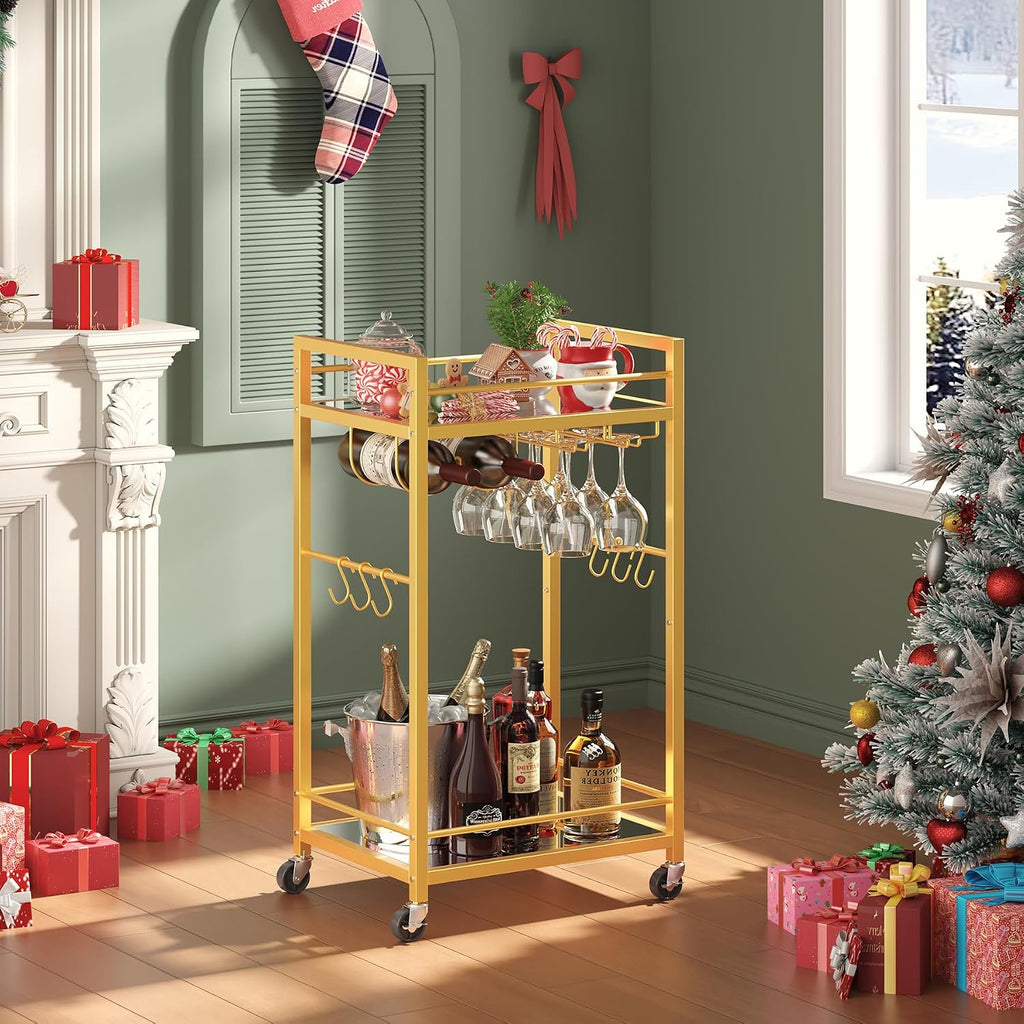 TUTOTAK Gold Bar Cart with 2 Mirrored Shelves, Wine Rack & Glass Holder | 2-Tier 17 Inch Wide Home Bar Serving Carts, Small Mobile Kitchen Shelf with 6 Hooks, Gold BC01BB031M