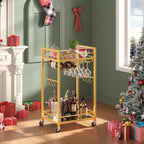 TUTOTAK Gold Bar Cart with 2 Mirrored Shelves, Wine Rack & Glass Holder | 2-Tier 17 Inch Wide Home Bar Serving Carts, Small Mobile Kitchen Shelf with 6 Hooks, Gold BC01BB031M