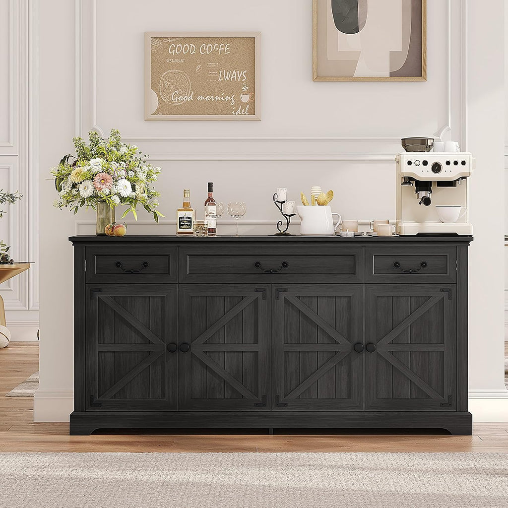 Vipbear 65" Large Sideboard Buffet Cabinet with Storage, Farmhouse Buffet Table Wine Coffee Bar Kitchen Storage Cabinet with 3 Drawers 4 Doors for Living Room, Kitchen, Dining Room, Black Oak