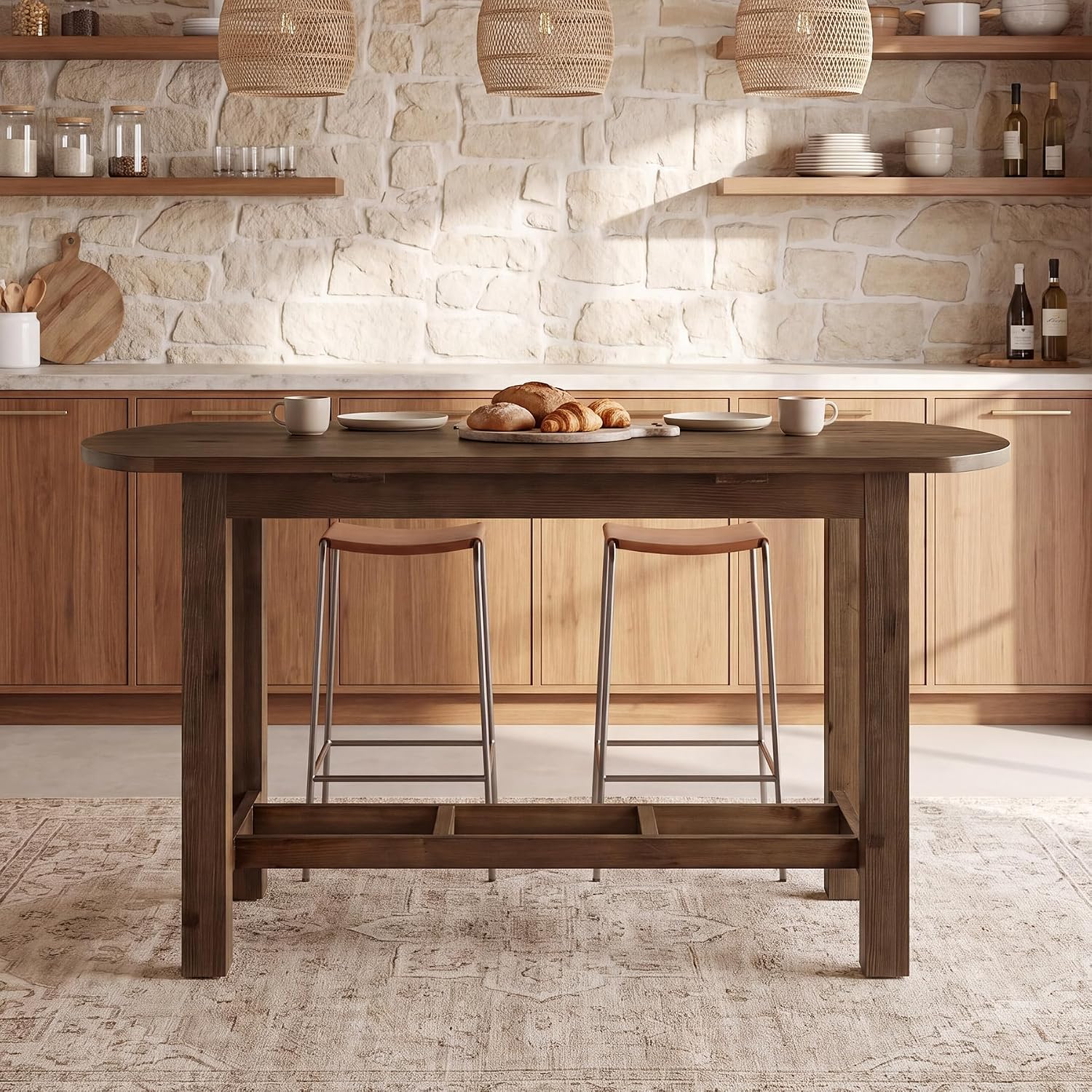 63" Solid Wood Kitchen Island, Island Table with Oval Tabletop | Farmhouse Wooden Stationary Island Table for Kitchen, Living Room, Dining Room, Easy Assembly, 39.37" Height, Vintage Brown