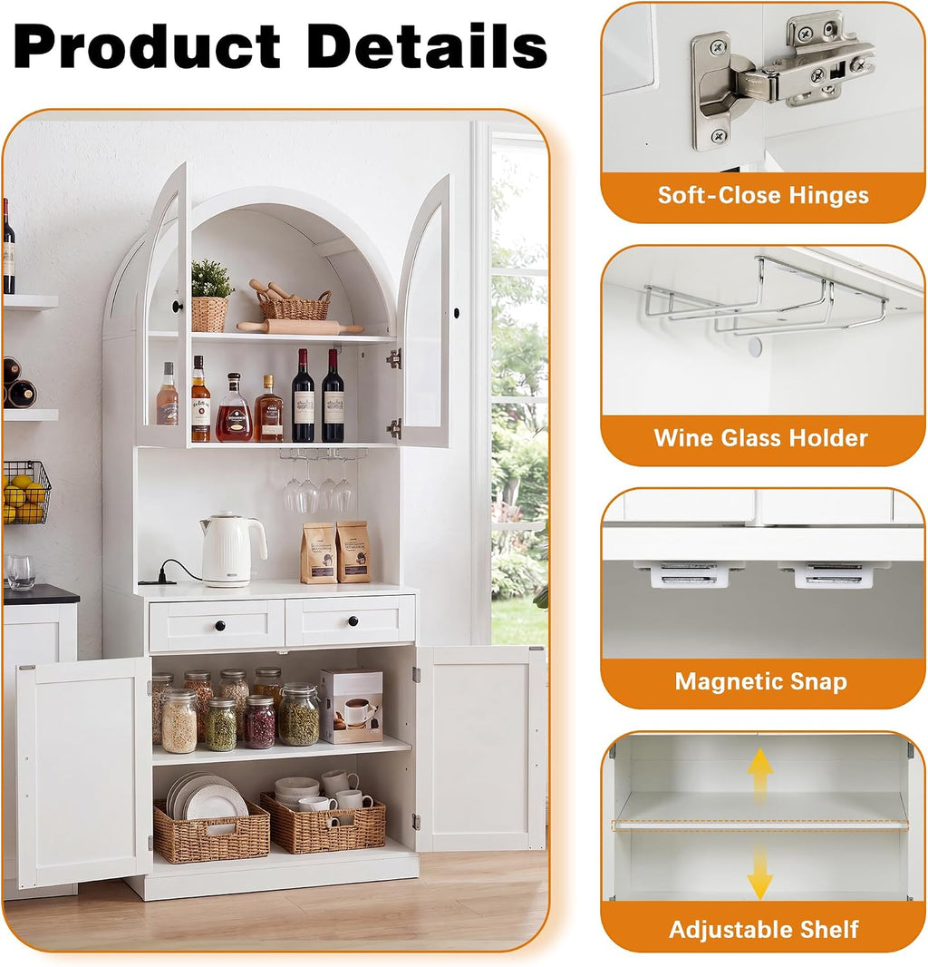 75" Farmhouse Tall Arched Pantry Cabinet with Charging Station & Bar, White | Adjustable Shelves, Open Countertop for Coffee Bar, empered Glass Door, Barn Door Lower Cabinet, Smooth-Glide Drawer