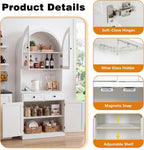 75" Farmhouse Tall Arched Pantry Cabinet with Charging Station, White | Adjustable Shelves, Open Countertop, Barn Door Lower Cabinet, Tempered Glass Display – Versatile Storage for Kitchen