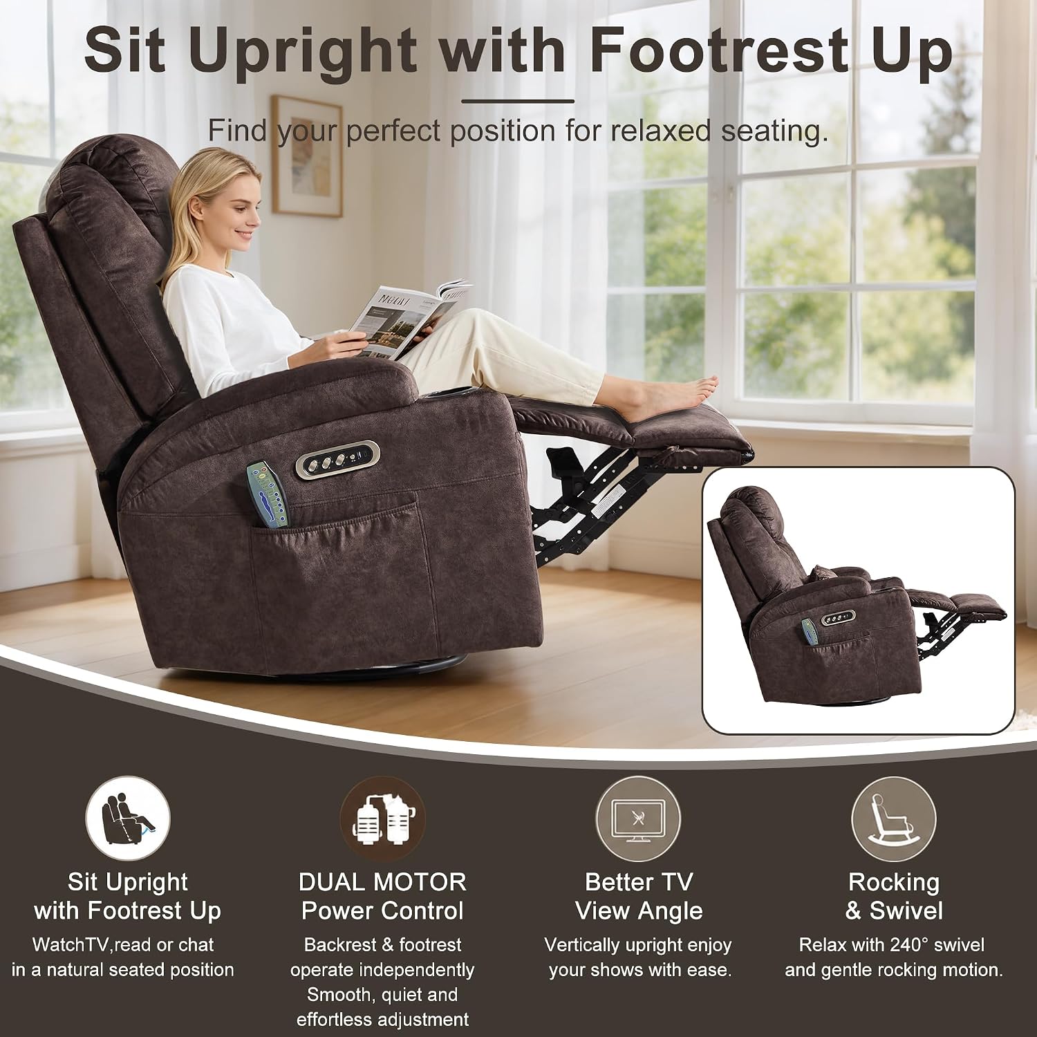 AHMED Dual Motor Power Swivel Rocker Recliner Chair, Velvet Brown | Electric Glider Rocking Chair, Massage & Heat, Cup Holders, LED Lights, USB A/USB C Ports
