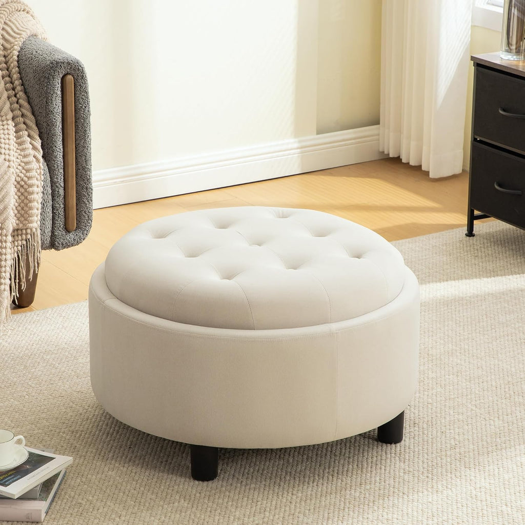 Round Storage Ottoman 29.33" with Reversible Lid - Fleece Fabric Upholstered Hand-Pulled Buckle Decoration Footstool, Storage Stool for Living Room, Bedroom, Office (Beige)