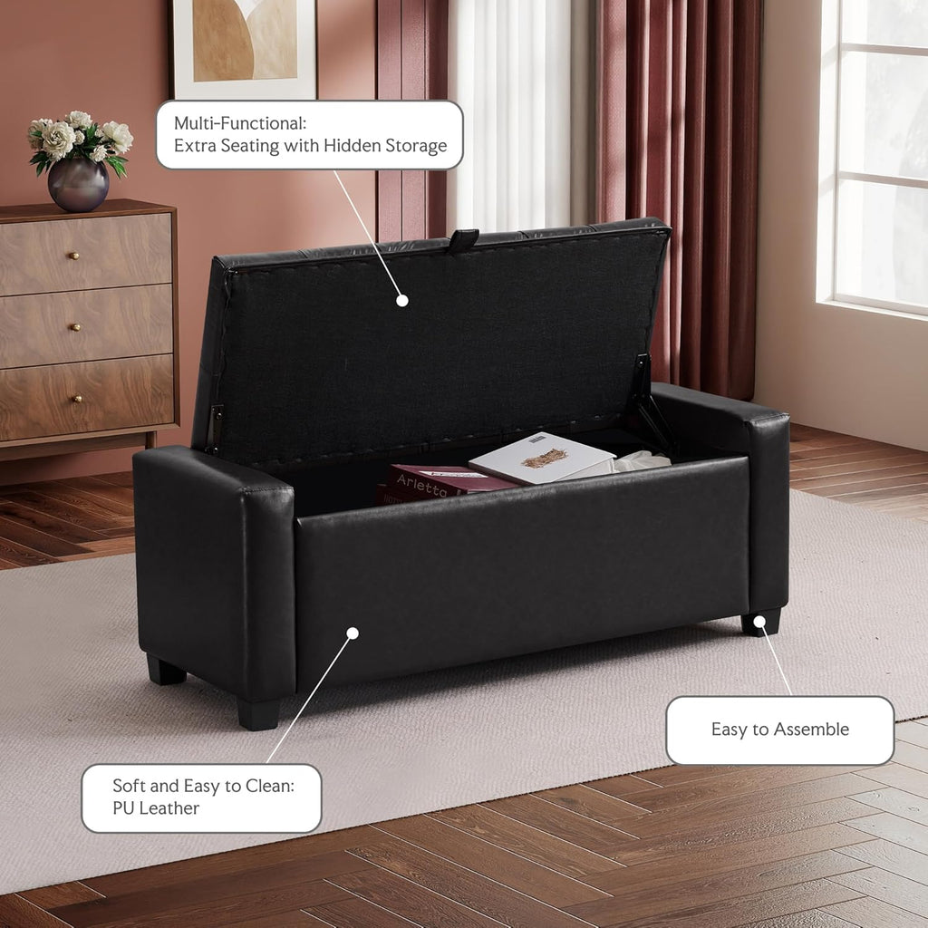 GRAINELL 42.13” Storage Ottoman Bench, Upholstered Tufted Bedroom Bench with Storage, End of Bed Storage Bench for Living Room & Entryway, 350 lb Capacity, Leather Black