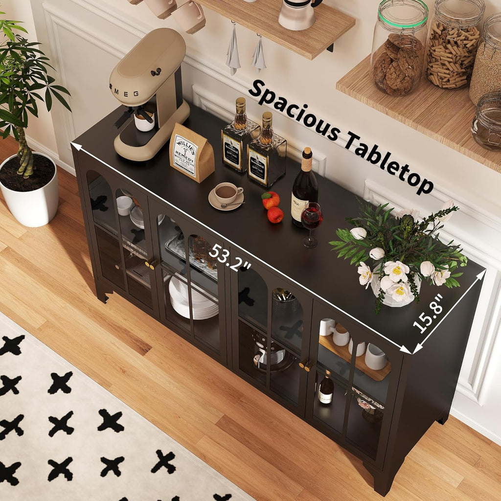 Foreate Sideboard Buffet Cabinet with Glass Door & LED Light, 53.2" Large Buffet Cabinet with Storage & Adjustable Shelf, Farmhouse Sideboard Credenzas Metal Kitchen Buffet, Black