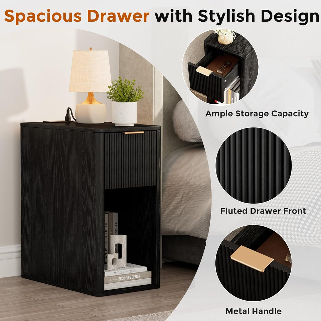 Homleke Narrow End Table with Fluted Drawer and Charging Station, Small Nightstand with USB Ports & Outlets, Bedside Table for Bedroom or Living Room, Modern Accent Table, Black