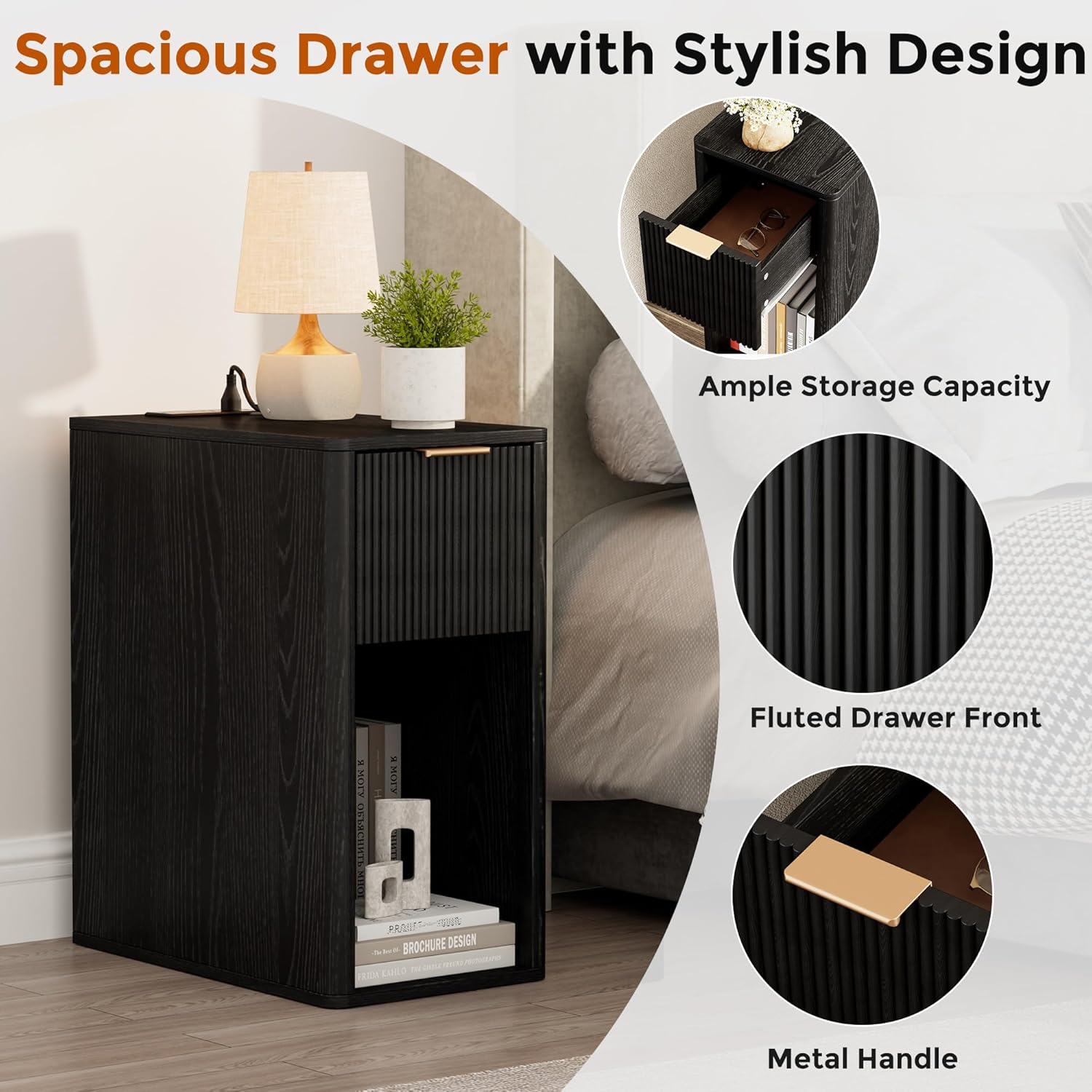 Homleke Narrow End Table with Fluted Drawer and Charging Station, Small Nightstand with USB Ports & Outlets, Bedside Table for Bedroom or Living Room, Modern Accent Table, Black