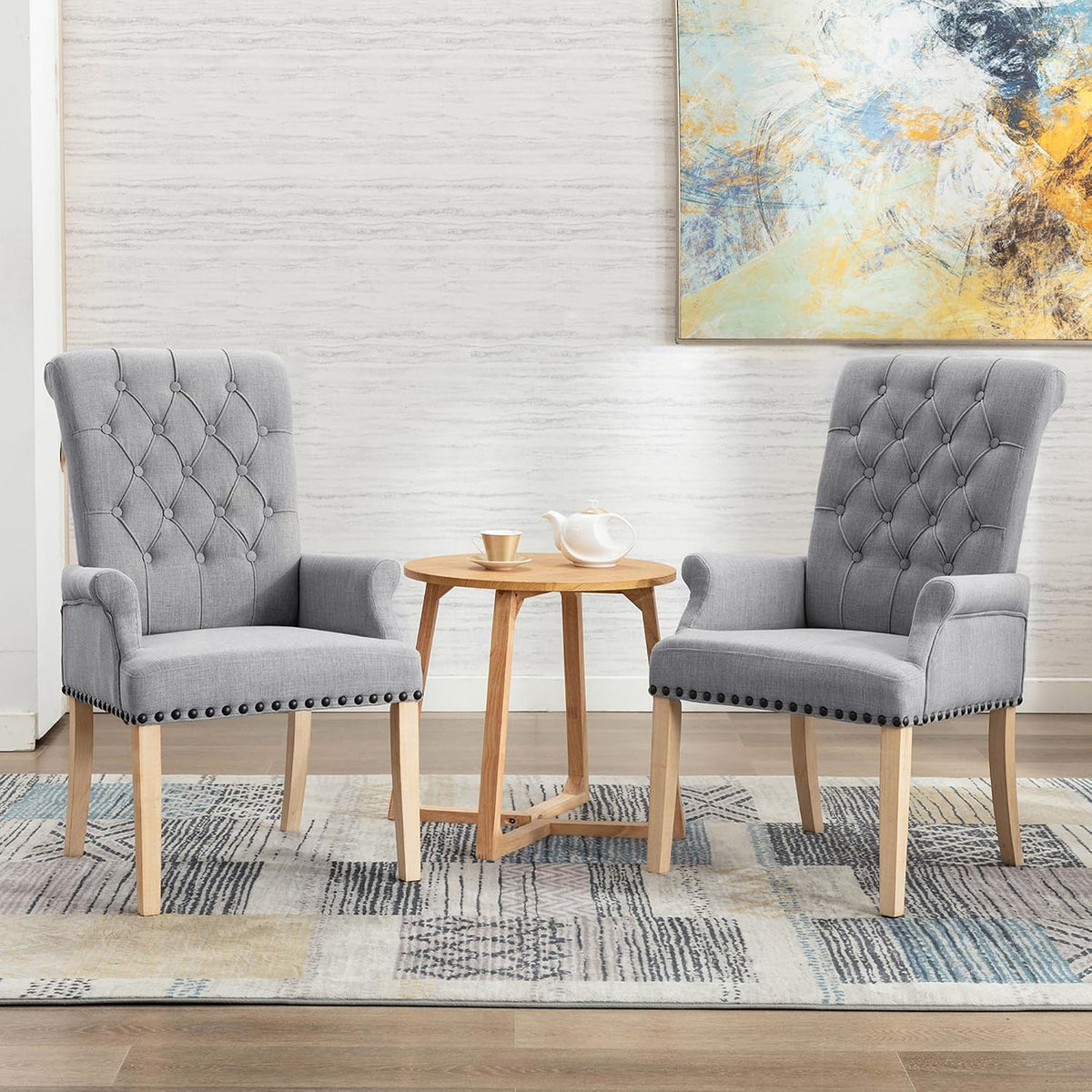 LOULENS Fabric Dining Chair, Modern Upholstered Armchair with Nailheads Trim & Wooden Legs, High-Back Accent Chair for Kitchen, Dining Room, Living Room and Bedroom, Light Grey