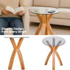 Round Glass End Table, Small Sofa Side Table for Living Room, Bedroom. Stylish Wood Legs with 20” Tempered Glass Top. Nature Oak