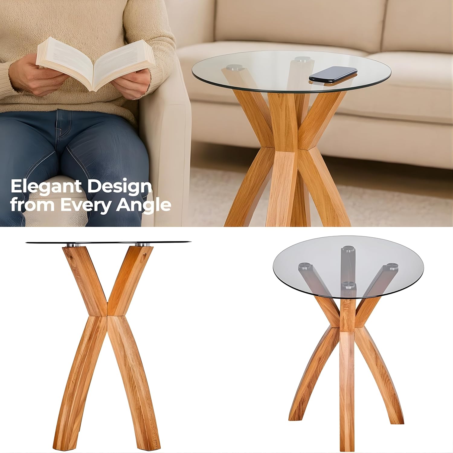 Round Glass End Table, Small Sofa Side Table for Living Room, Bedroom. Stylish Wood Legs with 20” Tempered Glass Top. Nature Oak