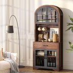 75" Tall Arched Pantry Cabinet with Charging Station & LED Light, Kitchen Pantry Cabinet with Microwave Stand, Drawers and Adjustable Shelf, Coffee Bar Liquor Cabinet for Dining Room