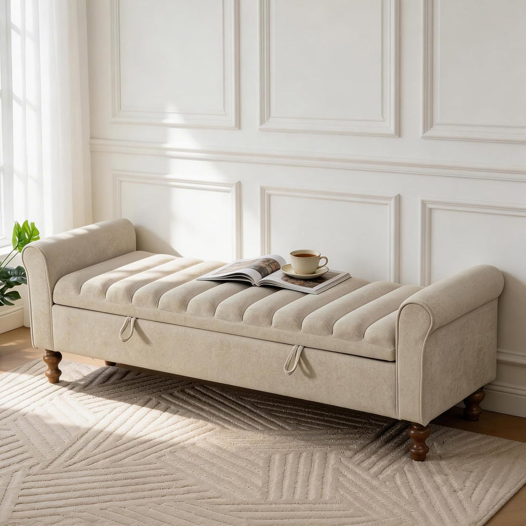 Aoiy & Wifon 65.55" W Large Storage Ottoman Bench, King Size End of Bed Storage Bench with Wood Legs, Upholstered Window Bench for Bedroom, Living Room, Entryway, Griege