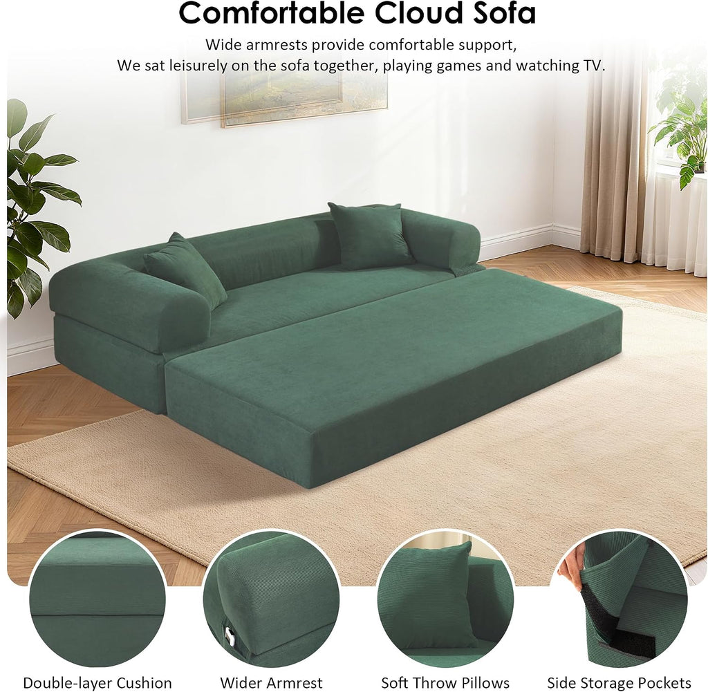 80" Cloud Sleeper Sofa Bed Pull Out Couch, Corduroy Sofa with Side Storage Pocket, Convertible Compression Sofa with Pillows for Living Room Bedroom, Light Green