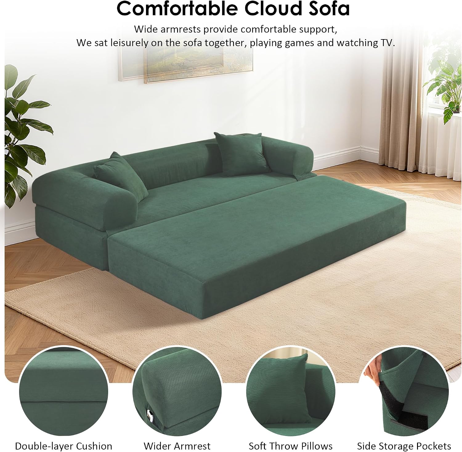 80" Cloud Sleeper Sofa Bed Pull Out Couch, Corduroy Sofa with Side Storage Pocket, Convertible Compression Sofa with Pillows for Living Room Bedroom, Light Green