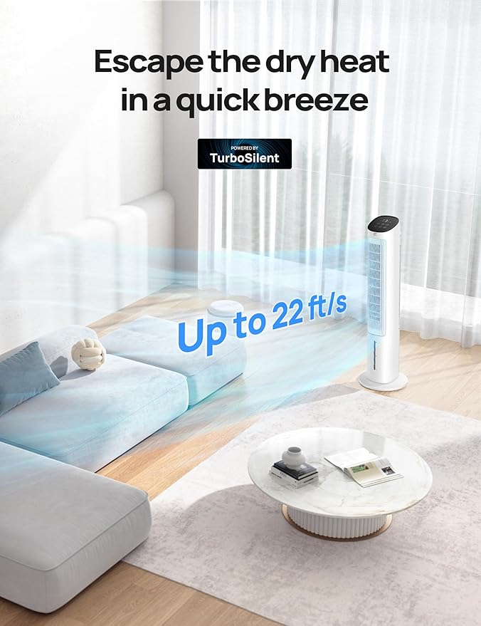 Dreo Evaporative Air Cooler, 40” Standing Fans that Blow Cold Air, 80° Oscillating Bladeless Cooling Fan for Bedroom, Swamp Cooler, Removable Water Tank, Ice Pack, Remote, 3 Mode 4-Speed, White
