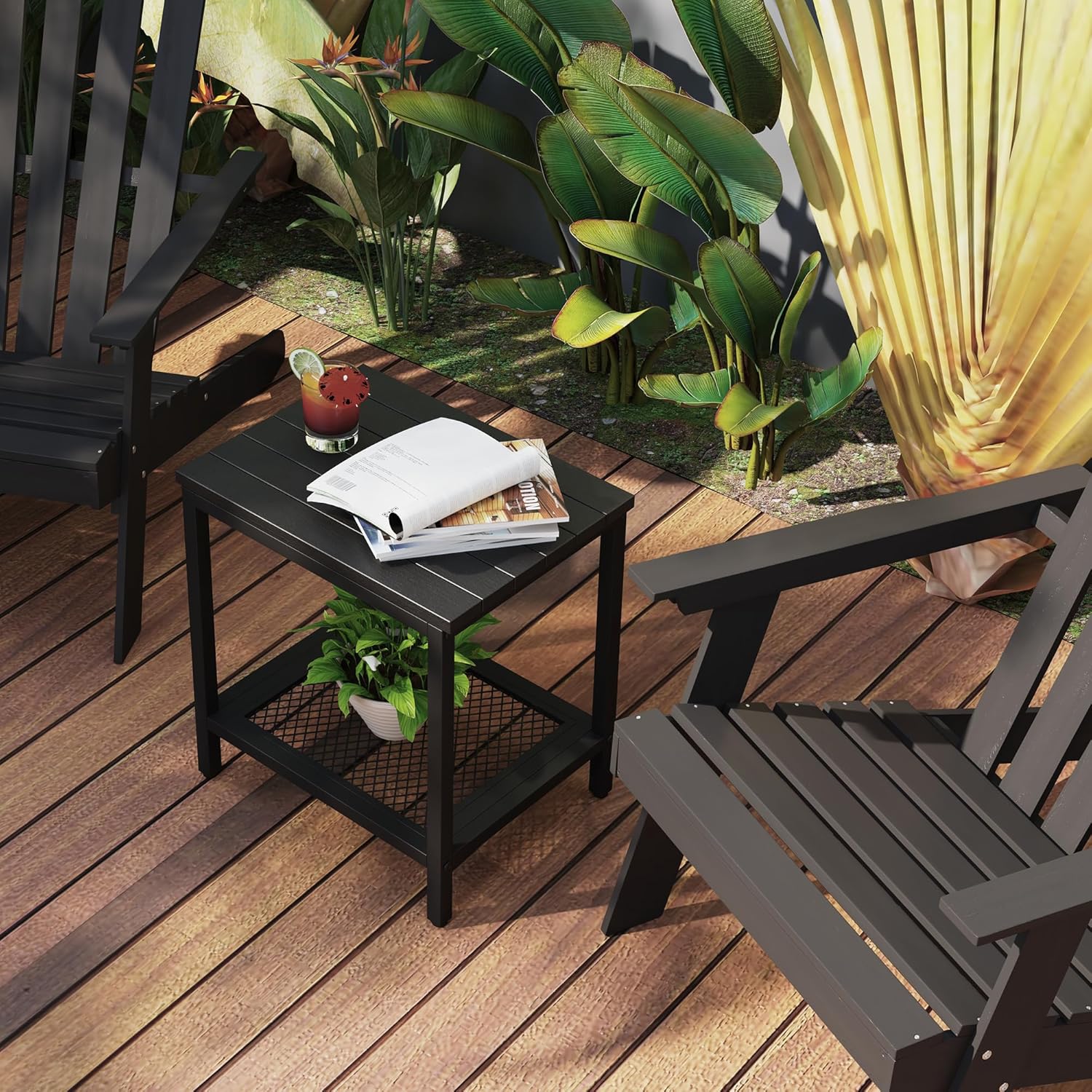 Outdoor Side Table with Storage 2-Tier Patio End Tables Black | Outdoor Accent Table Small Side Table For Pool, Deck, Garden