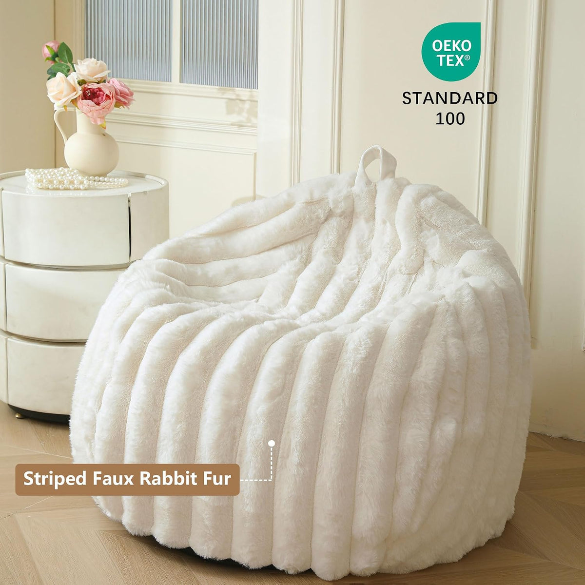 MEGO 3FT Fluffy Faux Rabbit Fur Bean Bag Chair Cover, No Filler, Beige | Plush Ribbed Stuffed Animal Bean Bag Storage, Washable & Anti-slip, Decor Furry Striped Large Beanbag Cover for Girls Adults