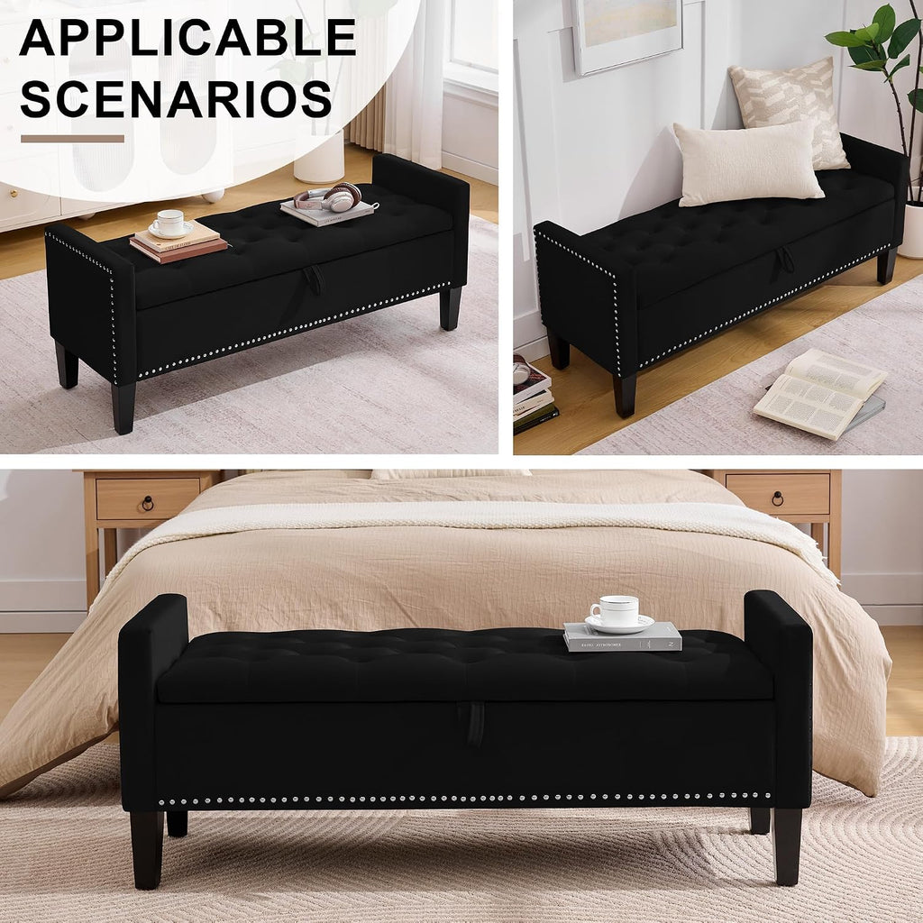 Storage Ottoman Bench, Velvet Upholstered Footstool for Bedroom and Living Room, Tufted Seat with Storage, Wooden Legs & Metal Rivets, Black