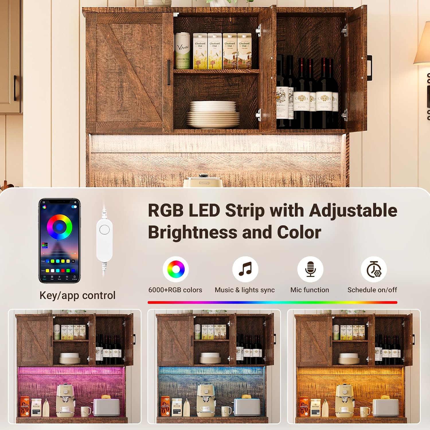 ELYKEN 71" Kitchen Pantry Storage Cabinet with Outlet & LED Lights, Brown