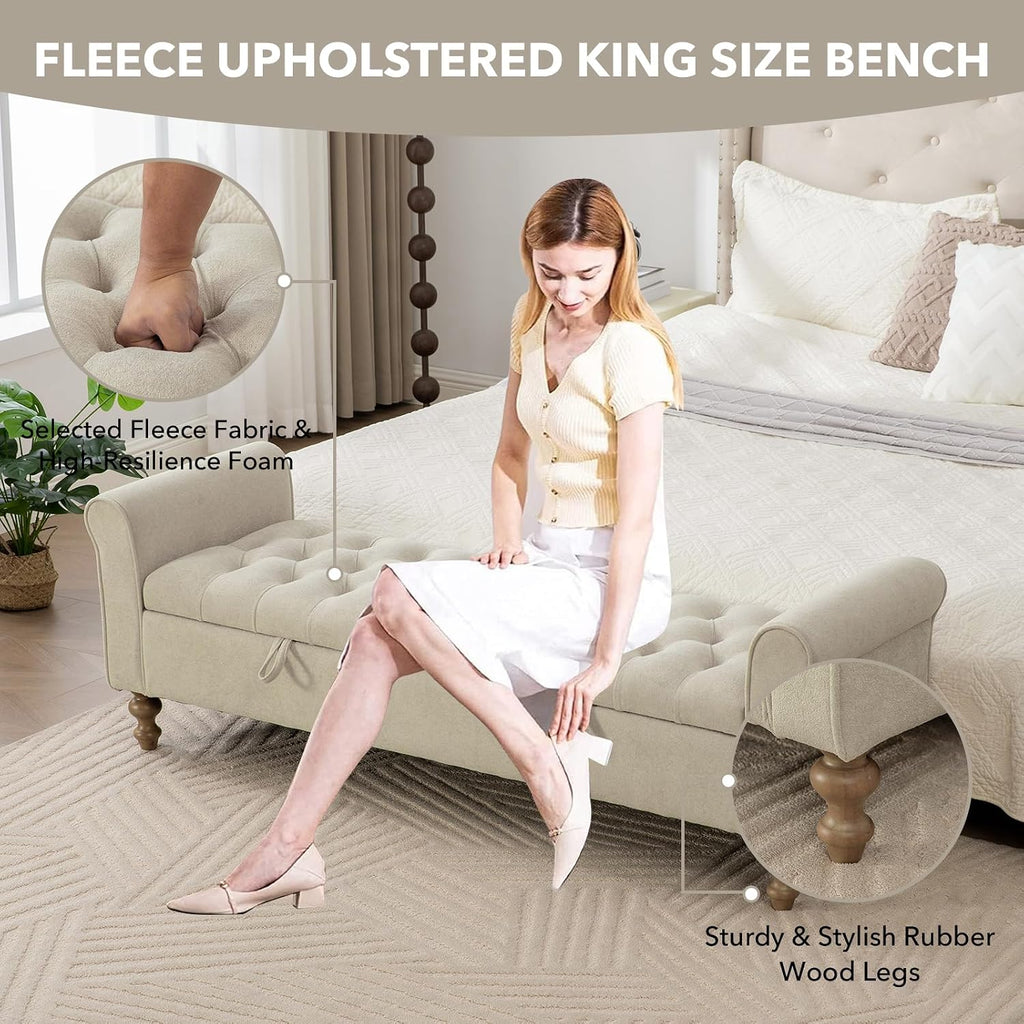 65" Oversize Storage Ottoman Bench, Fleece Upholstered End of Bed Benches with Rolled Armrest, Modern King Size Benches with Rolled Armrest, Window Bench (Griege+Dual-Cover)