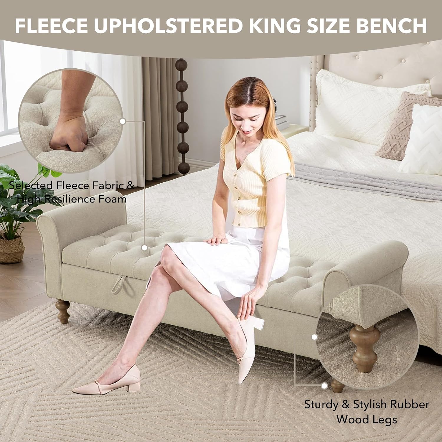 65" Oversize Storage Ottoman Bench, Fleece Upholstered End of Bed Benches with Rolled Armrest, Modern King Size Benches with Rolled Armrest, Window Bench (Griege+Dual-Cover)